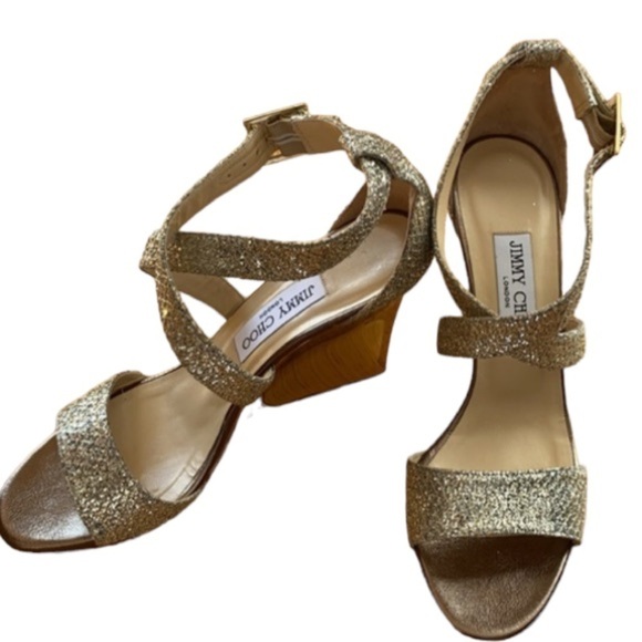 Jimmy Choo Gold/Silver Lurex Sz 39 Fabric Fearne Sandals Heels - Picture 1 of 7